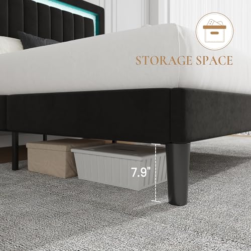 Queen Size Velvet Bed Frame with LED Light, Black, view 7
