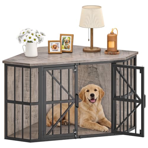 44" Corner Dog Crate Furniture for Medium Dogs, Greige TGW03BG, view 2