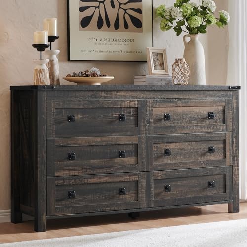 54" Wide Farmhouse 6-Drawer Dresser for Bedroom, Dark Rustic Oak | Rustic, Wood Storage Cabinet, Metal Handle, Unique Corner Accent, Bedroom, Living Room, Hallway