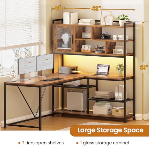 L Shaped Computer Desk with Storage Shelves, Bookshelf, Rustic Brown, view 3