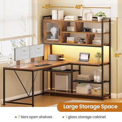 L Shaped Computer Desk with Storage Shelves, Bookshelf, Rustic Brown, view 3