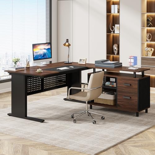 Tribesigns 63 Inch Executive Desk with File Cabinet, L Shaped Office Desk, view 7