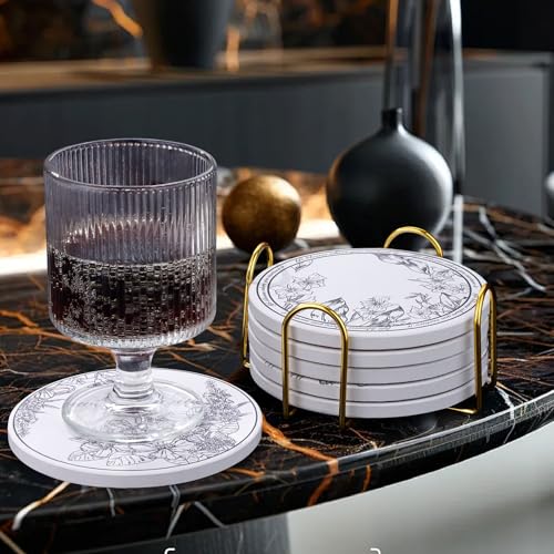 6Pcs Ceramic Coasters Set with Holder - 6 Unique Designs Absorbent Drink Mats for Coffee Table, Modern Home Decor Coasters with Cork Base Suitable for All Cups, Ideal Housewarming Gift 4 Inch