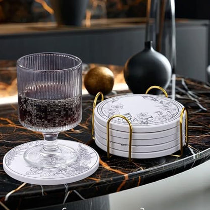 6Pcs Ceramic Coasters Set with Holder - 6 Unique Designs Absorbent Drink Mats for Coffee Table, Modern Home Decor Coasters with Cork Base Suitable for All Cups, Ideal Housewarming Gift 4 Inch