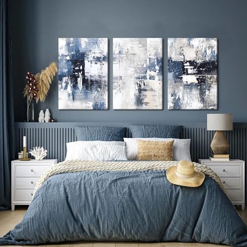 Abstract Blue and White Wall Art Set of 3, Modern Simple Navy Framed Canvas Prints Poster, Gray Painting Picture for Living Room, Bedroom, Office Wall Decor 12x16 Inch