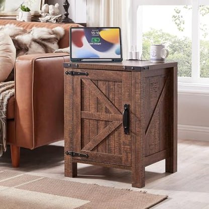 18" Farmhouse End Table Set of 2, Reclaimed Barnwood | Rustic Nightstand, Charging Station, Barn Door, Adjustable Storage Shelf, Wood Sofa Side Table, Living Room, Bedroom