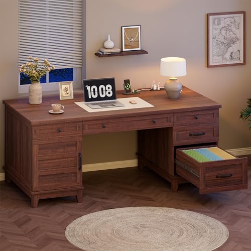 60" Wooden Home Office Desk with File Drawers, view 6