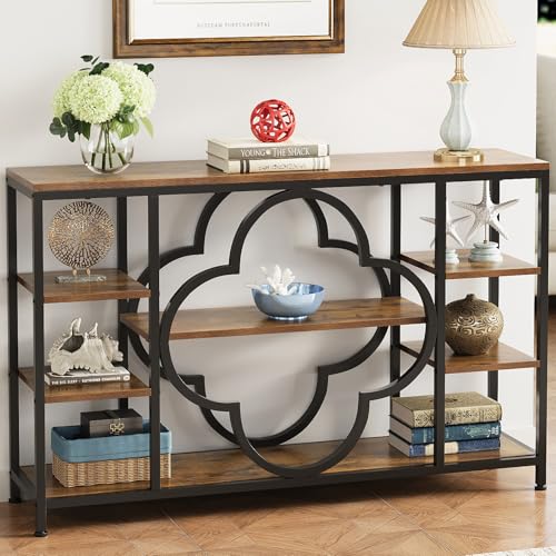 47" Farmhouse Console Tables for Entryway Retro Sofa Table Behind Couch Open Display Storage Shelves for Foyer, Hallway, Front Door,Living Room,Elegant Four-Leaf Clover (Rustic Brown, 47")