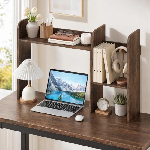 Extendable Desktop Bookshelf, Dorm Desk Hutch (Rustic Brown), view 3