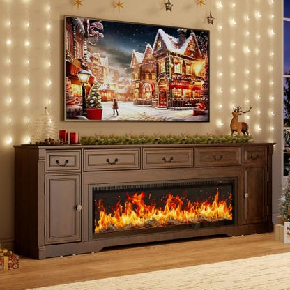 95" Fireplace Farmhouse TV Stand with 60" Electric Fireplace w Remote,Brown, view 4