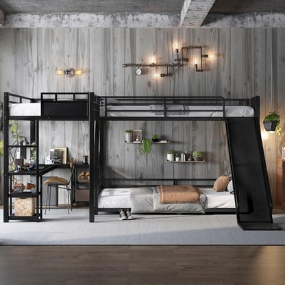 JIVOIT Triple Bunk Bed with Slide & Desk, Storage Shelves, L-Shaped Metal Bunk Bed with Loft Bed, Space-Saving Twin XL Over Queen Metal Triple Bed, Quiet Design, No Box Spring Required