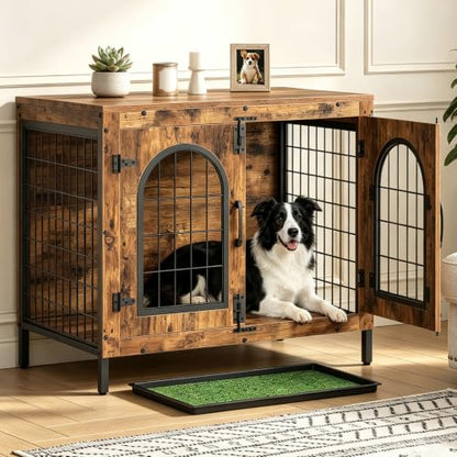 Dog Crate Furniture, 31.5" Dog Kennel with Dog Grass Pad and Tray, view 2