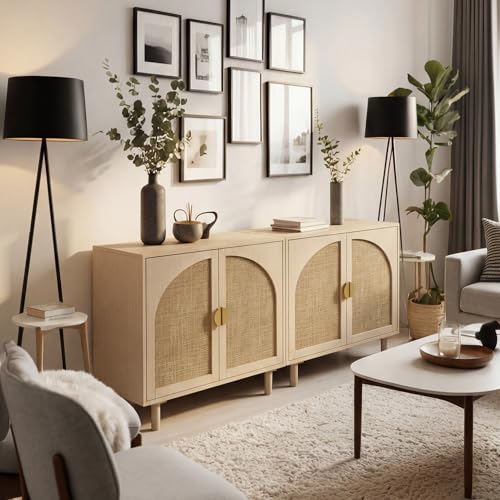 Rattan Storage Cabinet, Beige Boho Sideboard with Adjustable Shelf, Magnetic Door Latch. [2pcs, Beige]
