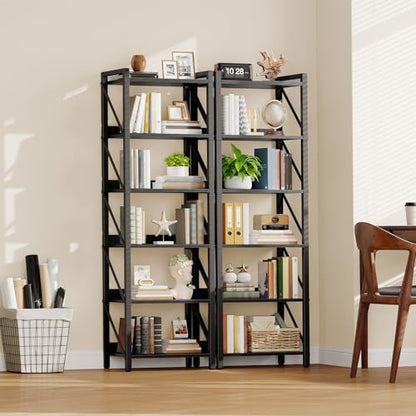 Bookshelf, 6-Tier Industrial Bookcase, Book Shelf Storage Organizer, Tall Bookshelf with Metal Frame for Living Room, Bedroom, Home Office, Kitchen, Black BB72SJ01