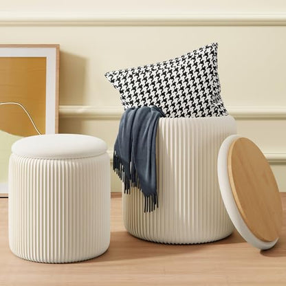 Round Ottoman with Storage Set of 2, White Vanity Stool, Upholstered Velvet Storage Ottomans, Makeup Chair Seat for Bedroom, Small Pouf Footstool for Living Room