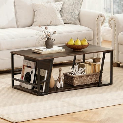 Modern Coffee Table with Storage, 2-Tier Rustic Wood Center Table with Shelf, Compartment, Metal Frame, Rectangular Geometric Living Room Table for Apartment (Espresso)