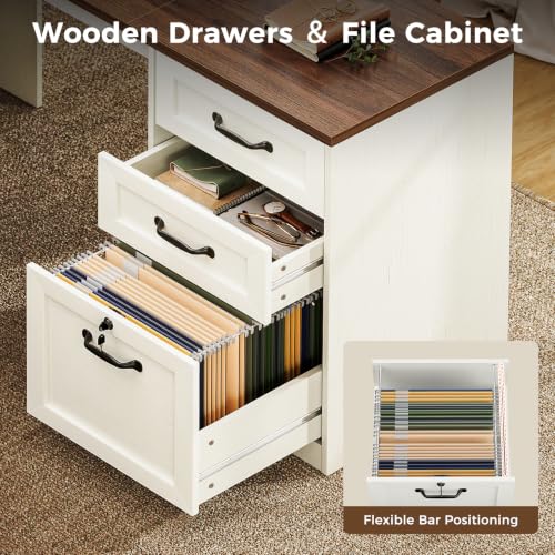 Farmhouse 68 Inch L Shaped Executive Desk with Drawers, Walnut+White, view 4