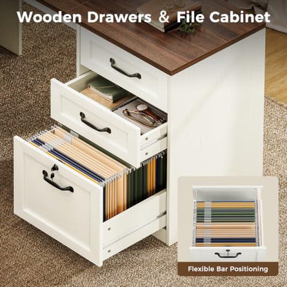 Farmhouse 68 Inch L Shaped Executive Desk with Drawers, Walnut+White, view 4