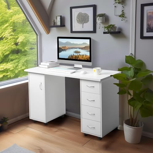 Home Office Computer Desk,Rolling Wooden Executive Desk,White, view 2