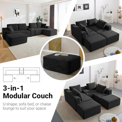 150 Inch Modular Sectional Sofa Couch, Oversized Modern Cloud Couch for Living Room, U Shape Couches with 2 Ottomans, USB Ports and Cup Holders, Black Corduroy Boneless Sofas, Sofa in a Box