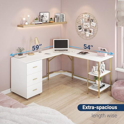 59" Two-Tone L‑Shaped Office Desk with Storage Shelves, Gold, view 7