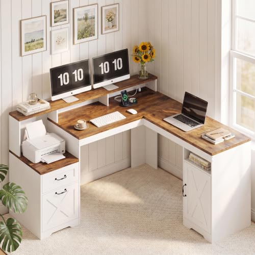 63 Inch Farmhouse L Shaped Computer Desk with Drawers & Power Outlets, view 2