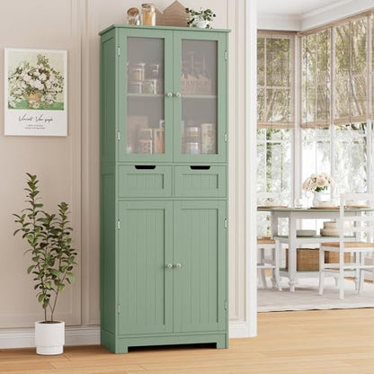 67" Tall Bathroom Storage Cabinet, Freestanding Storage Cabinet with Glass Door and Shelves, Kitchen Pantry Linen Cabinet with 2 Drawers for Bathroom, Living Room, Dining Room, Green