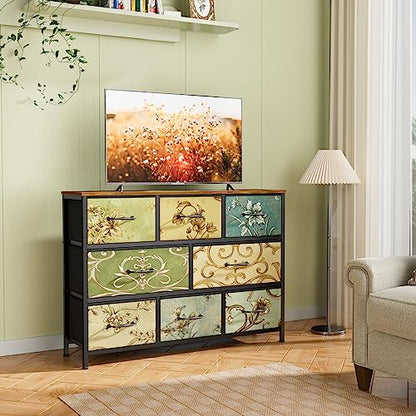 8 Drawer Dresser, Wide Fabric Chest of Drawers, Vintage Furniture for Bedroom, Living Room, Hallway, Closet Clothes Storage, Wooden Top