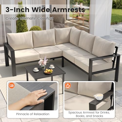 6 Piece Patio Furniture Set, Metal Outdoor Sectional Sofa with 6" Thick Olefin Cushions, Wide Armrest & Coffee Table, L Shaped Outdoor Furniture for Garden, Backyard Beige