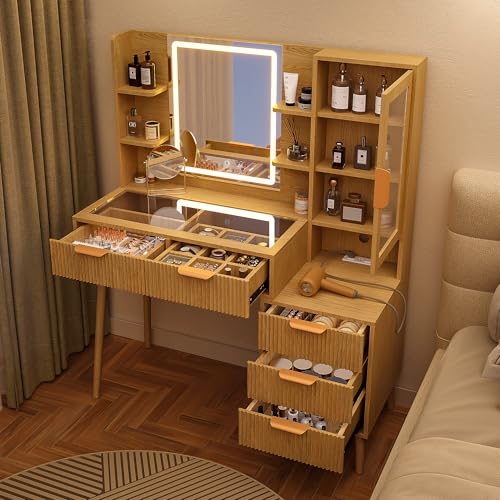 Fluted Makeup Vanity with Mirror and Lights, view 7