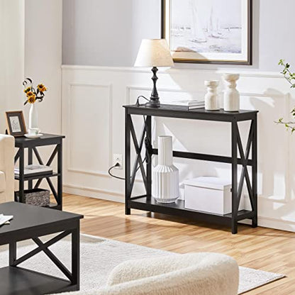 Yaheetech 40" Console Table with Power Outlets and USB Ports, Wood Entryway Table with Charging Station & Storage Shelf, Narrow 2-Tier Sofa Table for Living Room Hallway Foyer, Black