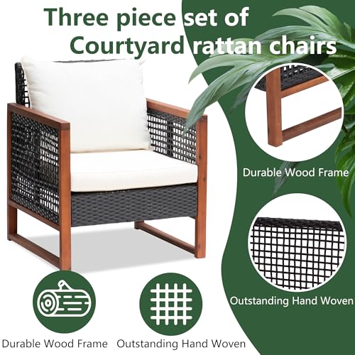 PayLessHere 3-Piece Outdoor Patio Furniture Set Modern Rattan Bistro Conversation Set with Acacia Wood Frame, Coffee Table, and Water-Resistant Cushions for Balcony, Garden, or Backyard (Khaki)