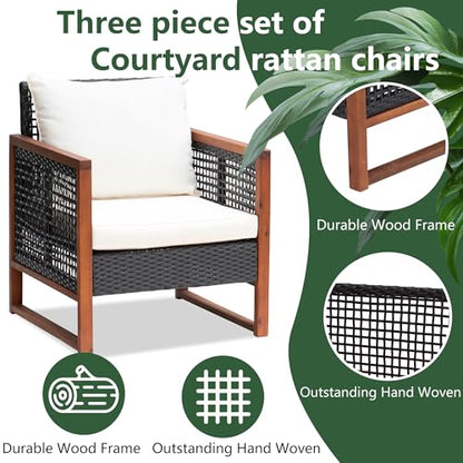 PayLessHere 3-Piece Outdoor Patio Furniture Set Modern Rattan Bistro Conversation Set with Acacia Wood Frame, Coffee Table, and Water-Resistant Cushions for Balcony, Garden, or Backyard (Khaki)