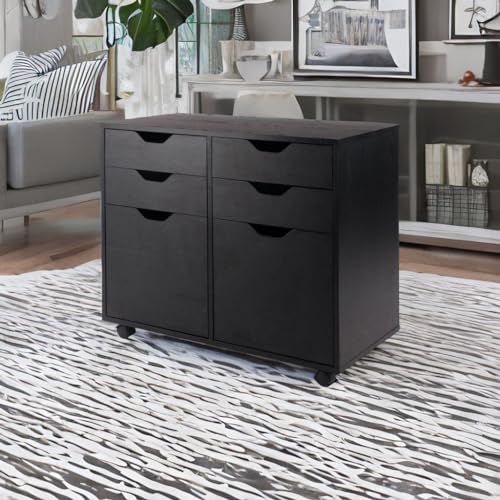 Wood two section mobile storage cabinet, view 2