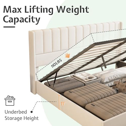 King Lift Up Storage Bed with Linen Wingback Headboard, White, view 6