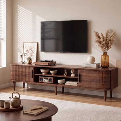 70" TV Stand with Rolling Doors and Storage, Mid-Century, Walnut, view 2