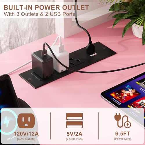 L Shaped Desk Gaming Desk, 59" L Shaped Computer Desk with LED Light & Power Outlet, Reversible Home Office Desk Gamer Desks with Shelves & Storage Bag & Hooks, Corner PC Desk, Pink