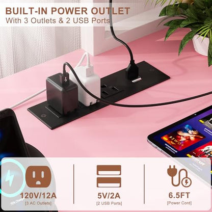L Shaped Desk Gaming Desk, 59" L Shaped Computer Desk with LED Light & Power Outlet, Reversible Home Office Desk Gamer Desks with Shelves & Storage Bag & Hooks, Corner PC Desk, Pink