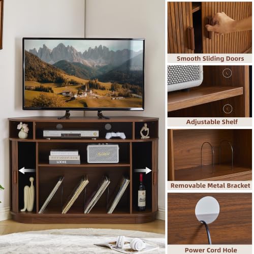 Fluted Corner TV Stand for 55"TV, Modern Corner Entertainment Center Walnut, view 6