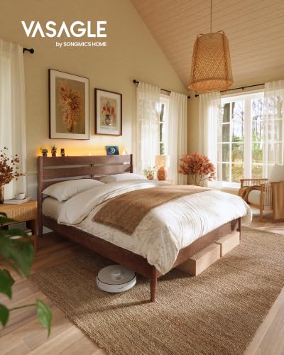 Queen Bed Frame, Wood Platform Bed with Headboard Storage Shelf, view 4