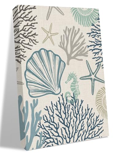 NuYeBiofx Summer Coastal Shell Coral Starfish Canvas Wall Art Prints,48"x32" Framed Picture Artwork Blue Ocean Printed Canvas Oil Painting for Living Room Bedroom Office,Ready to Hang
