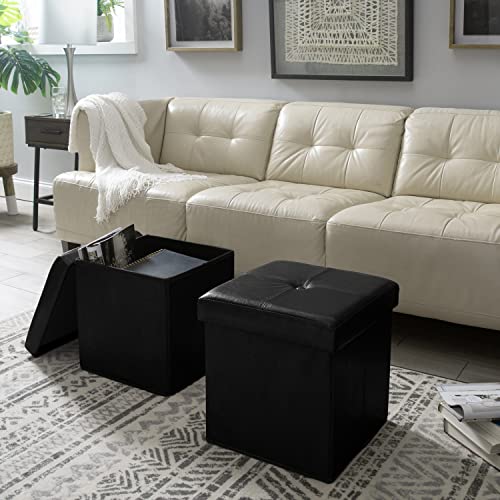 Faux Leather Folding Storage Ottoman | Single | Collapsible | Tufted Padded Seating | Foot Rest | Bench | Toy Box | Black