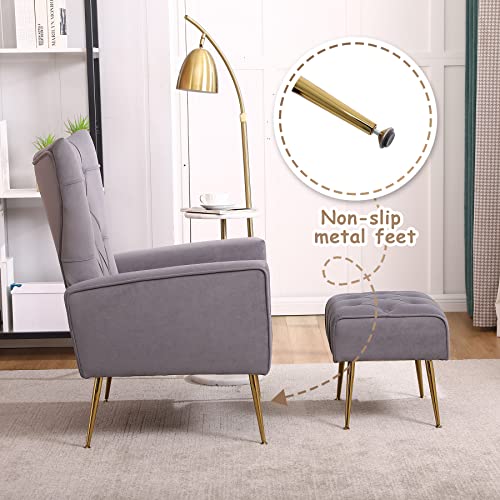 Accent Chair with Ottoman, Comfy Wingback Chair and Ottoman Set, Upholstered Tufted Lounge Armchair with Footrest and High Back, Reading Chair for Bedroom Living Room, Grey, Velvet