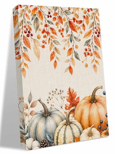 NuYeBiofx Thanksgiving Autumn Pumpkins Canvas Wall Art Prints,30"x20" Framed Picture Artwork Hanging Palm Foliage Printed Canvas Oil Painting for Living Room Bedroom Office,Ready to Hang