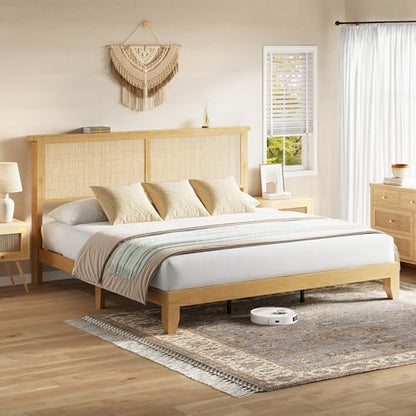 Wooden Rattan King Bed Frame with Headboard & LED Lights & Metal Slats, view 4