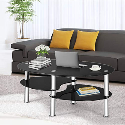 Glass Coffee Table, 3-Tier Modern Oval Smooth Glass Tea Table Center Table End Table with Open Storage Shelf,Sturdy Steel Legs for Living Room,Home,Office,Cocktail Tea Table (Black)