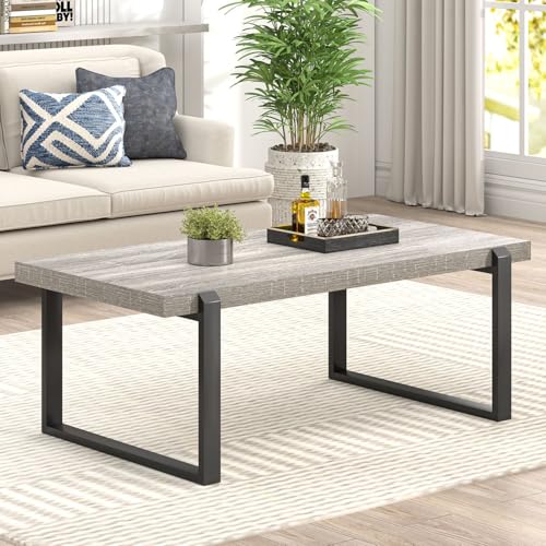 Modern Coffee Table, Rustic Wood and Metal Center Table, Retro Small Cocktail Tea Table for Living Room, Light Grey, 44 Inch