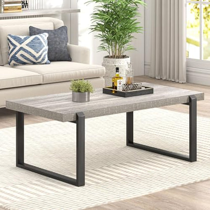 Modern Coffee Table, Rustic Wood and Metal Center Table, Retro Small Cocktail Tea Table for Living Room, Light Grey, 44 Inch