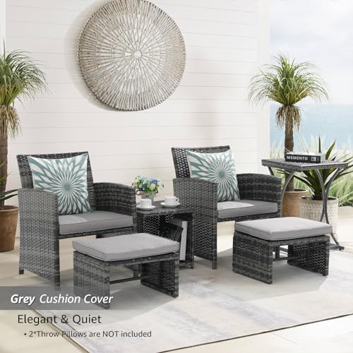 6 Piece Patio Furniture Conversation Set with Ottoman, Outdoor Grey Wicker Chair and Table Set, Balcony Furniture for Apartments, Light Grey