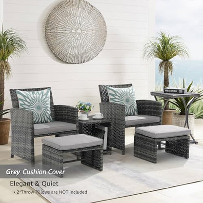 6 Piece Patio Furniture Conversation Set with Ottoman, Outdoor Grey Wicker Chair and Table Set, Balcony Furniture for Apartments, Light Grey